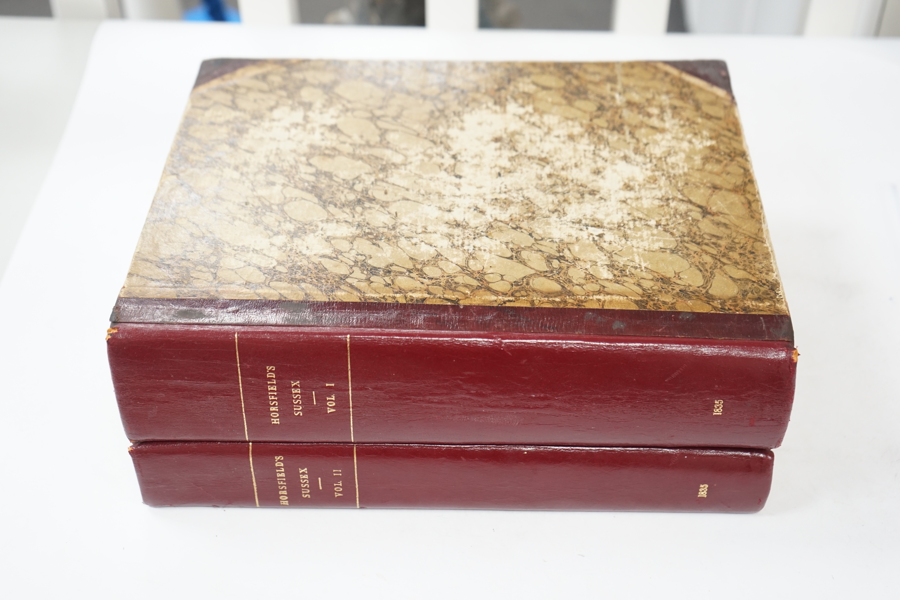 Horsfield, Thomas Walker - The History, Antiquities, and Topography of the County of Sussex, 2 vols, with 7 portraits (one a mezzotint), 2 folded pictorial maps and 49 other engraved maps, gilt ruled half morocco with ma